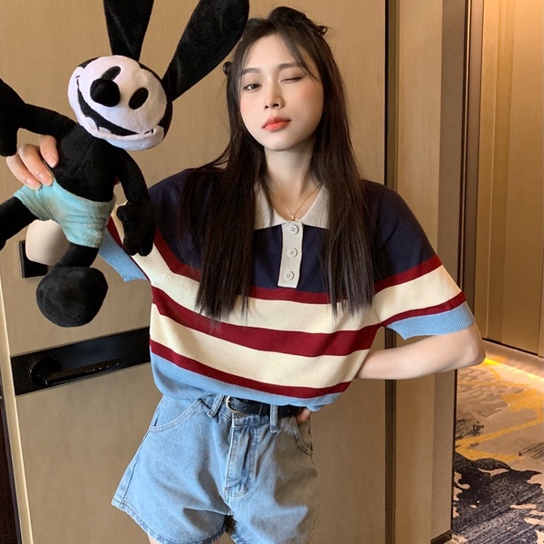 Áo thun ZHELIHANGFEI dệt kim cổ polo tay ngắn họa tiết kẻ sọc thời trang