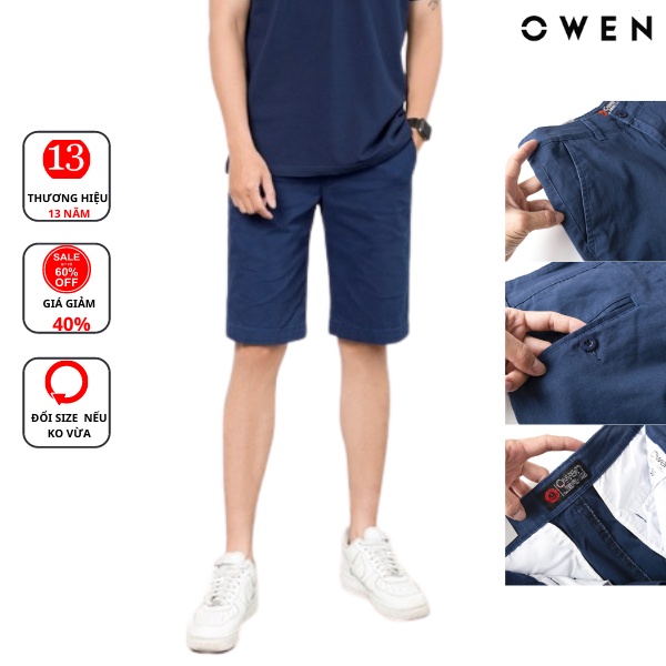 Quần short nam kaki OWEN màu xanh than, chất vải cotton cao cấp, co giãn, trẻ trung, dáng slimfit năng động