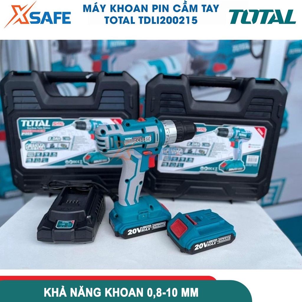 Máy khoan pin cầm tay 20V 10mm Total TDLI200215 hai tốc độ 400-1500rpm, lực mô men 45nm nhông cơ khí 2 tốc độ [Xsafe]