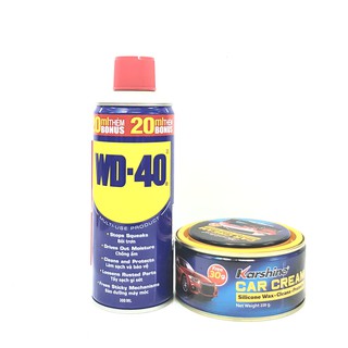Bộ ba chai xịt bôi trơn đa năng WD40 300ml, Kem đánh bóng sơn xe Karshine 220gr và Bàn chải