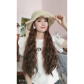 tóc giả xù mũ vành rơm tóc xù dễ thương