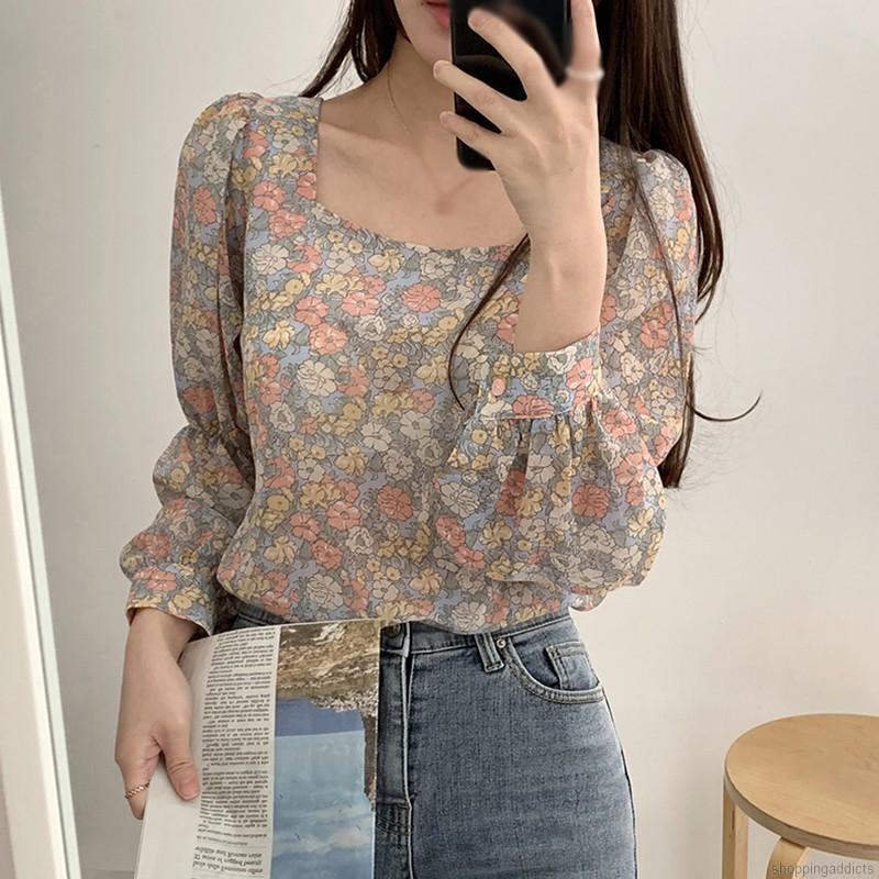 Áo Voan Hoa Tay Phồng Phong Cách Hàn Quốc Thanh Lịch Cho Nữ