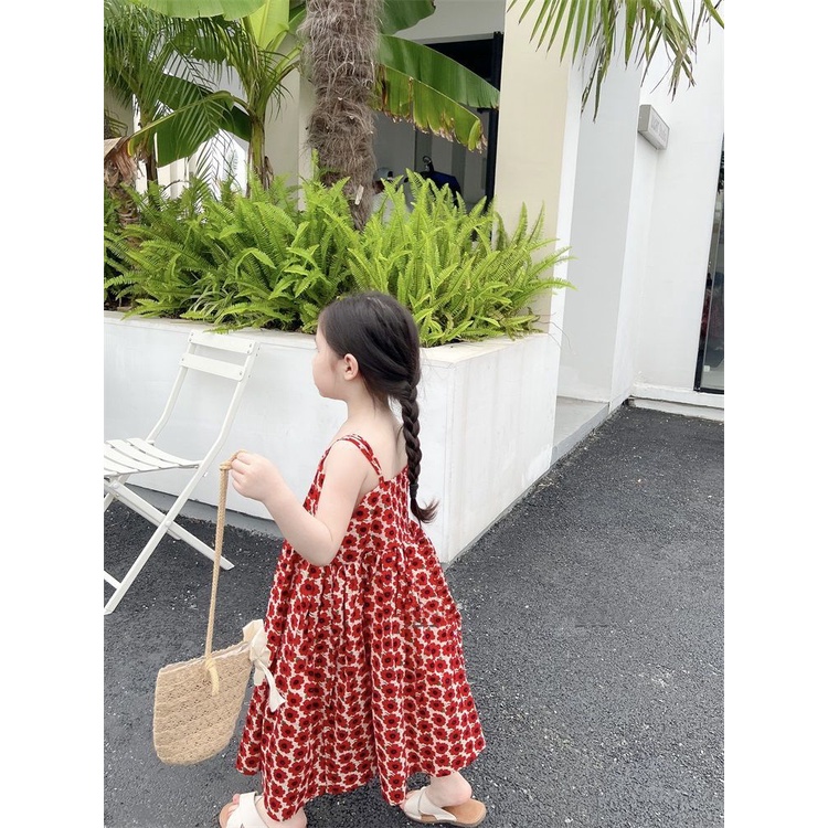 Đầm Mùa Hè Tay Cộc In Họa Tiết Hoa Đỏ Phong Cách Hàn Quốc Hợp Thời Trang Cho Bé Gái 5 Tuổi
