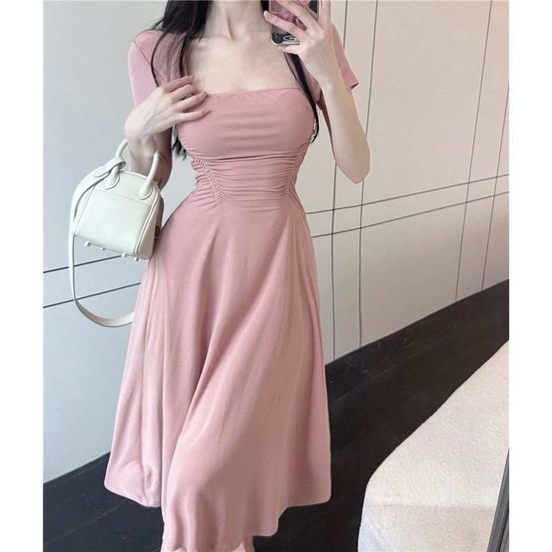 Đầm Tay Ngắn Cổ Vuông Nhấn Eo Phong Cách Pháp Thời Trang 202 Cho Nữ