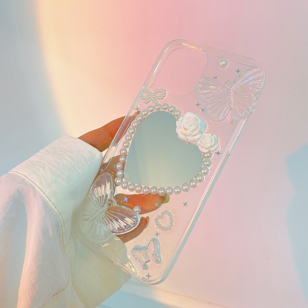 Ốp Điện Thoại TPU Mềm Tích Hợp Gương Trang Điểm Hình Hoa Và Bướm Dành Cho IPhone 14 13 12 11 Pro Max XS XR 8 7 Plus