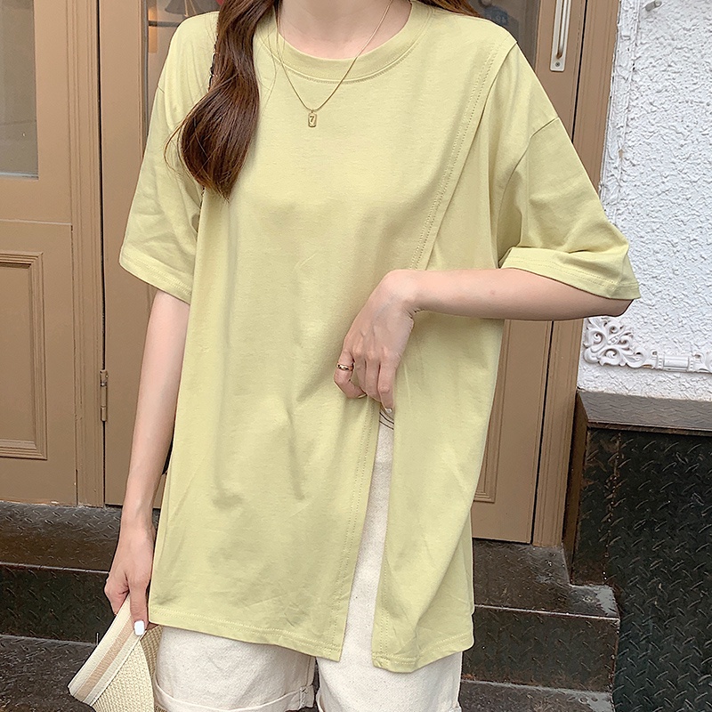SUXI Áo thun nữ tay ngắn dáng rộng màu trơn thời trang mùa hè