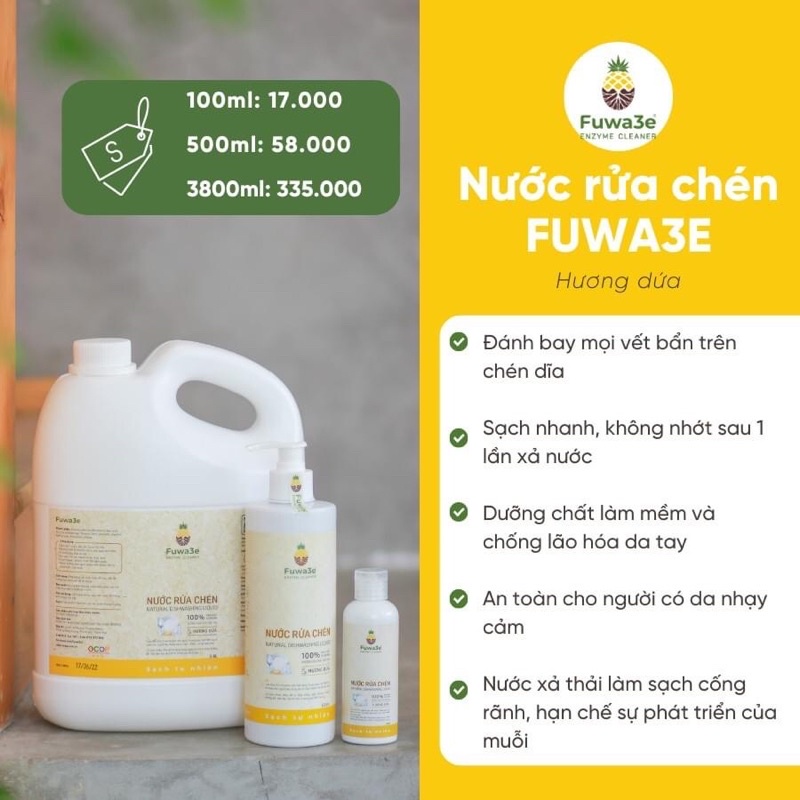 Nước rửa chén Fuwa3e hương dứa tự nhiên can 3,8L
