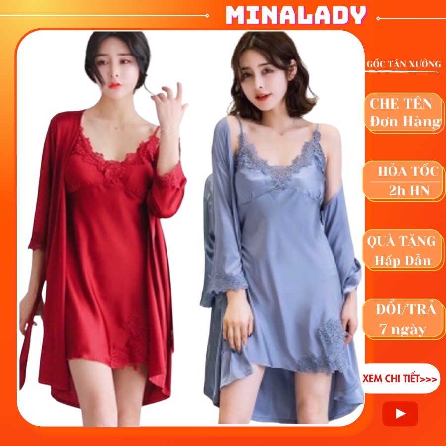 Sét 2 món Áo choàng lụa siêu sang kèm đầm ngủ lụa Mềm mượt kèm Mút Ngực [VIỀN BÔNG HOA-LỤA] - CÓ BÁN LẺ HOAC CẢ SET