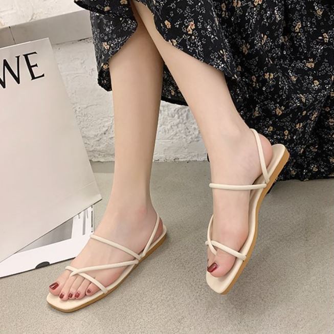Dép sandal nữ quai da mềm chéo đi 2 kiểu đế thấp 2 màu Trắng kem + Đen - SD53