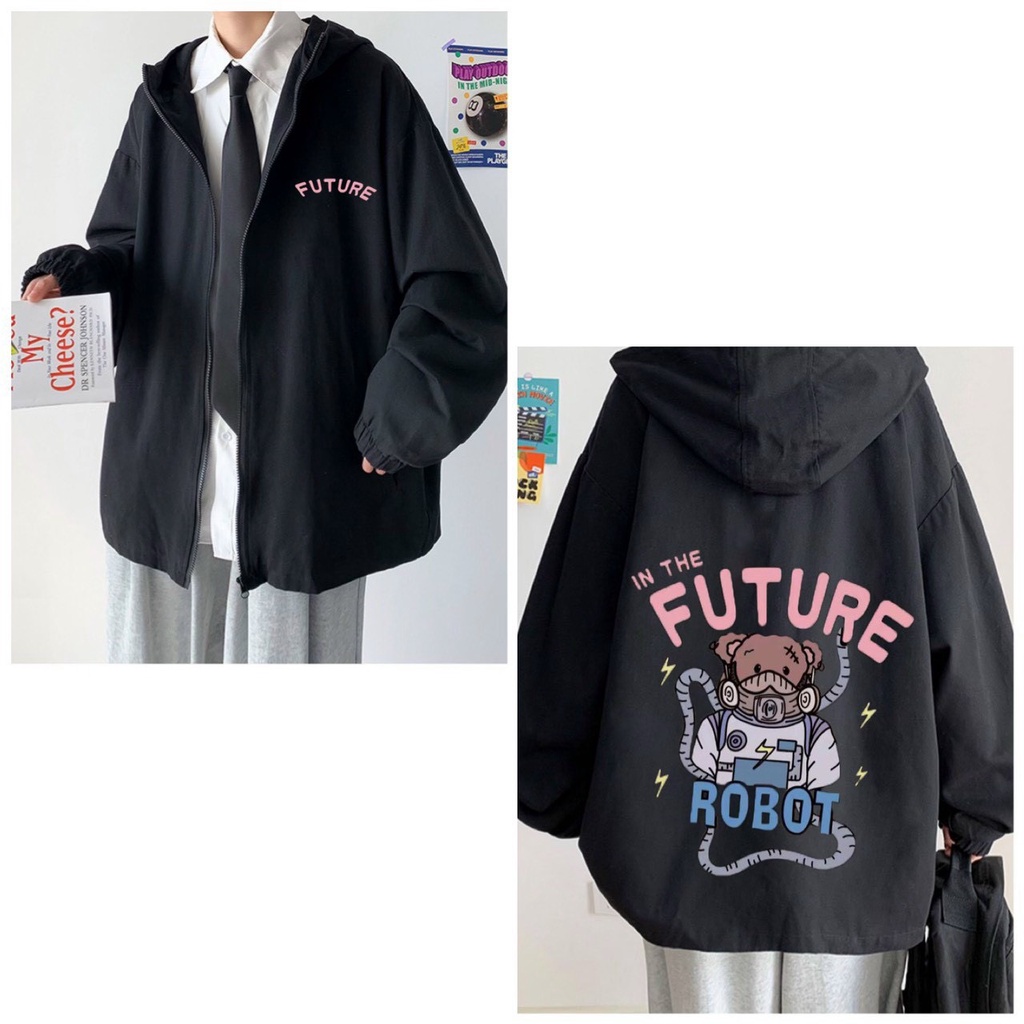 Áo khoác dù có túi trong FUTURE có nón chống nắng, cản gió 2 Màu Unisex Ulzzang Dáng Rộng