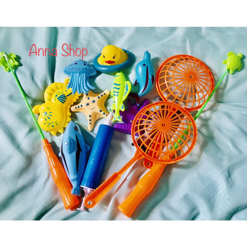 Đồ chơi Câu cá nam châm cho bé trong nước và trên cạn gồm Bể hơi cỡ lớn+Cần câu+Bơm+Cá