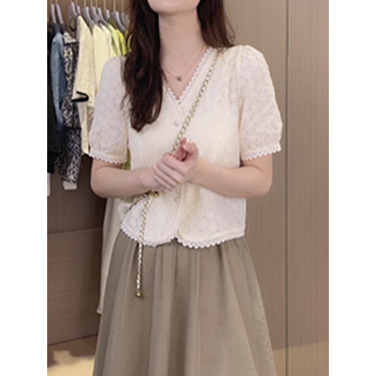 Hàng Châu Âu Cao Cấp Áo Cardigan Ngắn Tay Phối Ren Hoa Dây Xích Thời Trang Mùa Hè  Thiết Kế Mới Dành