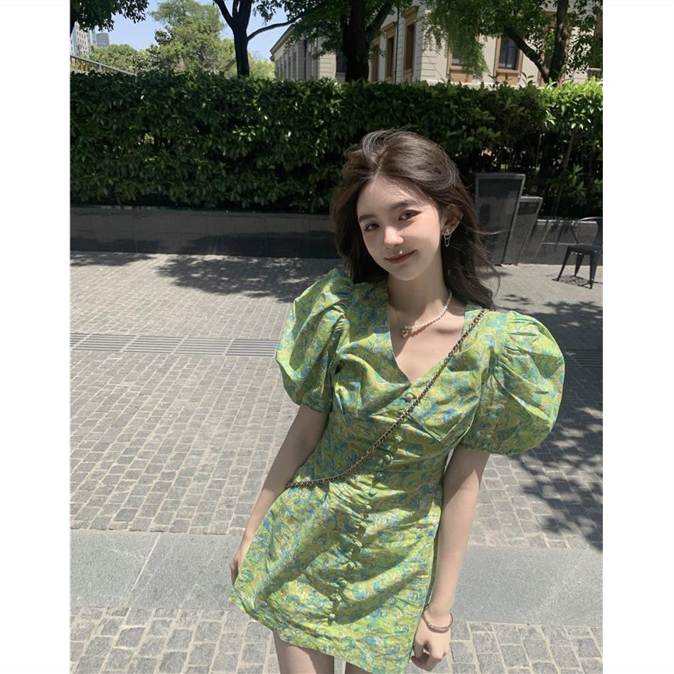 Đầm tay phồng cổ chữ V họa tiết hoa thời trang cổ điển cho nữ