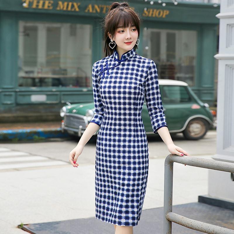 Rẻ và đẹp┇✖Kẻ sọc hàng ngày mùa hè 2020 MỚI Phần dài Retro Trung Quốc Cheongsam Dress Nữ