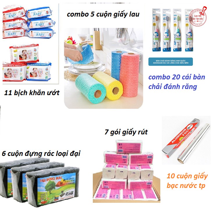 [ĐỒNG GIÁ 99K] COMBO 11 KHĂN ƯỚT- 5 CUỘN GIÁY LAU - 20 BÀN CHẢI 126-6 TÚI RÁC CUỘN