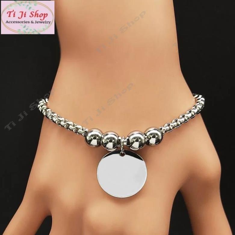 LẮC TAY NỮ INOX GẮN CHARM TRÒN - trắng, đẹp, không đen, KHẮC THEO YÊU CẦU