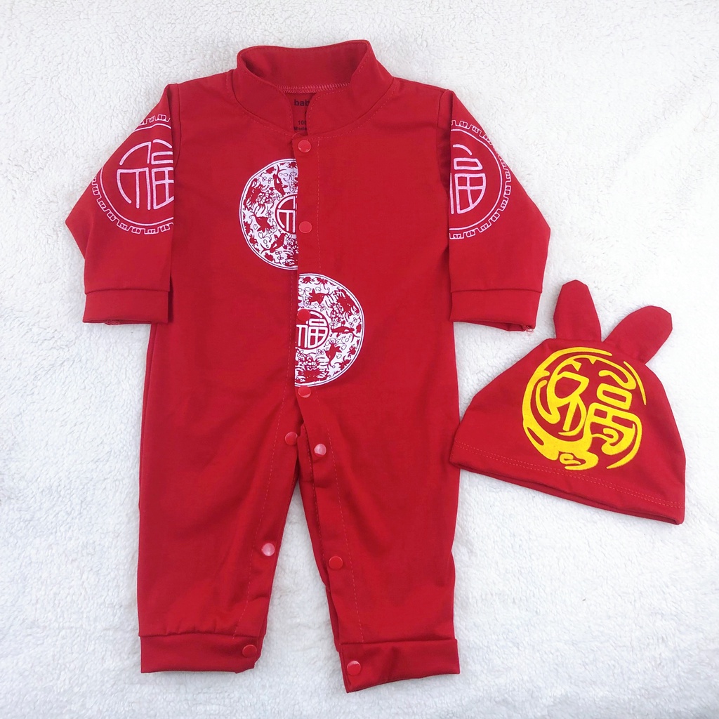 Bộ Body Tết Tài lộc cho bé mẫu Quần áo bé trai, bé gái dài tay kèm mũ chất cotton màu đỏ Hinh S dễ thương từ 3-12kg