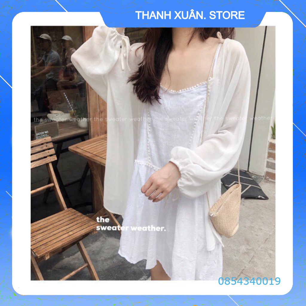 ÁO KHOÁC VOAN TAY BUỘC NƠ ĐEN TRẮNG - ÁO CADIGAN VOAN LỤA MỎNG KHOÁC NGOÀI RÚT DÂY ULZZANG 👗 💝 - TXShop