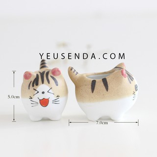Chậu Sen đá gốm mini vẽ tay hình Mèo con biểu cảm cực dễ thương (5x7 cm)