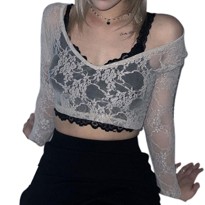 Áo Crop Top Ren Xuyên Thấu Cổ V Gợi Cảm Cho Nữ