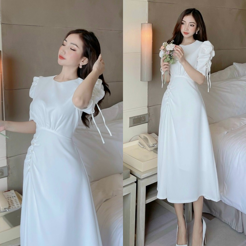 Đầm Dự Tiệc Nhún Eo Tay Nơ