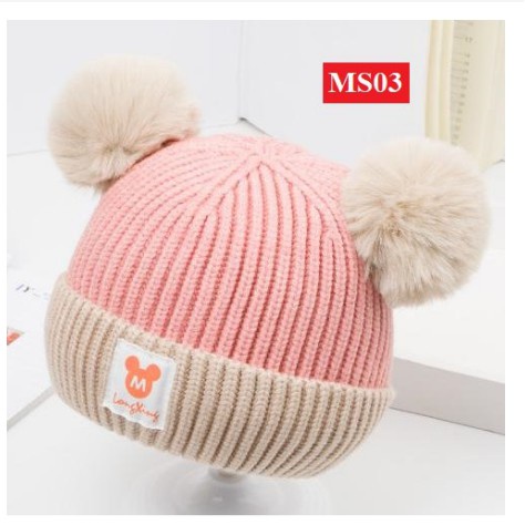 Mũ Micky 2 Quả Bông🍀FREESHIP🍀Mũ Len 2 Qủa Bông Kèm Khăn Quàng Cổ Cho Bé Từ 6 Tháng-3 Tuổi
