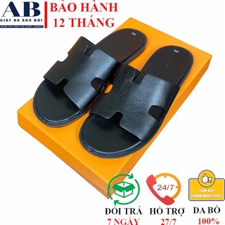 🔥Chống Ngấm Nước Hôi Chân🔥 Dép Da Bò Quai Ngang Nam Nữ Da Bò Thật 100% Chữ H - Đen Trơn [Bảo Hành 12 Tháng Full Hộp]