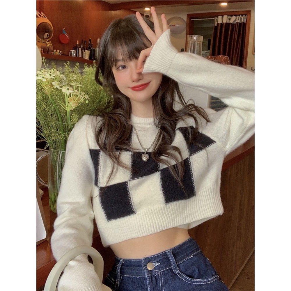 Áo sweater dáng ngắn họa tiết kẻ ô vuông màu trắng đen phong cách Hàn Quốc dễ phối đồ