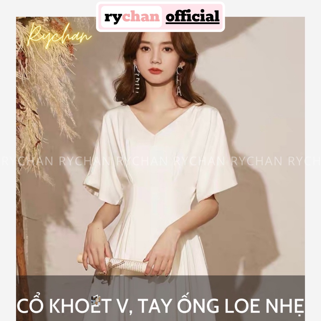 Đầm Xoè Trắng Cổ V Tay Loe Đơn Giản Thanh Lịch, Đầm Tối Giản - DX0126