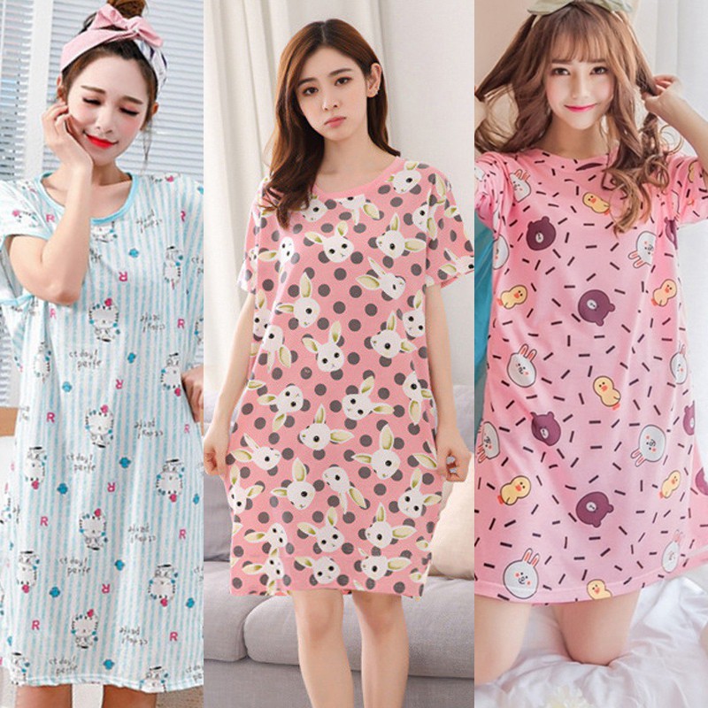 Đầm ngủ lụa in họa tiết hoạt hình/hoa nhí dễ thương cho nữ