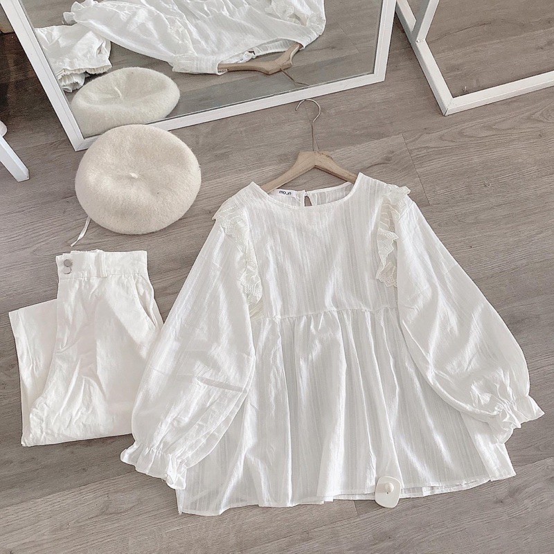 Áo Sơ Mi Babydoll Cổ Tròn Dài Tay Mặc Đi Làm Đi Học Đi Chơi Đều Xinh [ẢNH THẬT+VIDEO]
