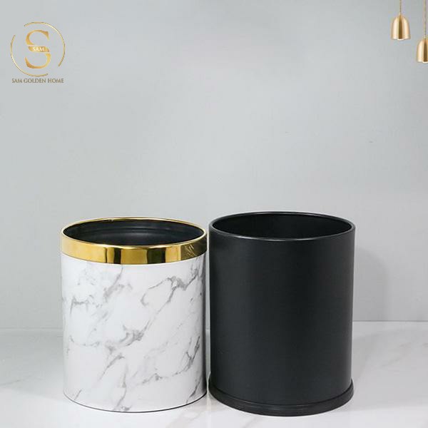 Thùng Rác Gold Marble Garbage Sang Trọng Vân Đá Viền Vàng - Sam ( Trắng )