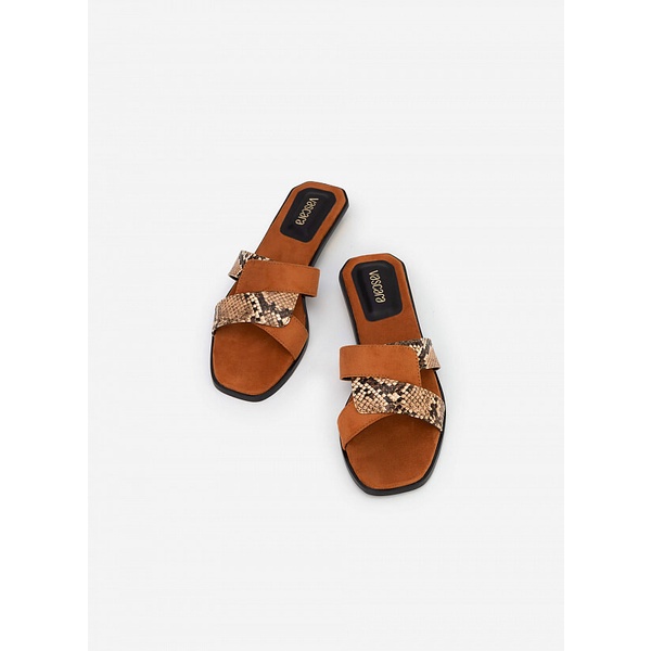 Vascara Dép Quai Đan Chéo Phối Vân Da Rắn - DXP 0163 - Màu Nâu