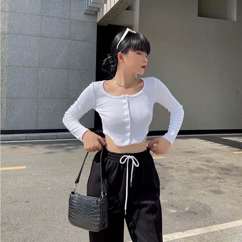 Áo Croptop nữ Body dài tay Thun Gân YUMI BÁN SỈ Áo croptop Nút Bấm Vạt Nhọn Hot Trendy
