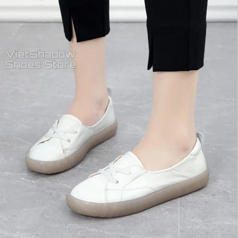 Slip on da nữ - Giày lười da nữ dáng bè - Chất liệu da thật 3 màu (be), (trắng) và (đen) - Mã 525 EUr