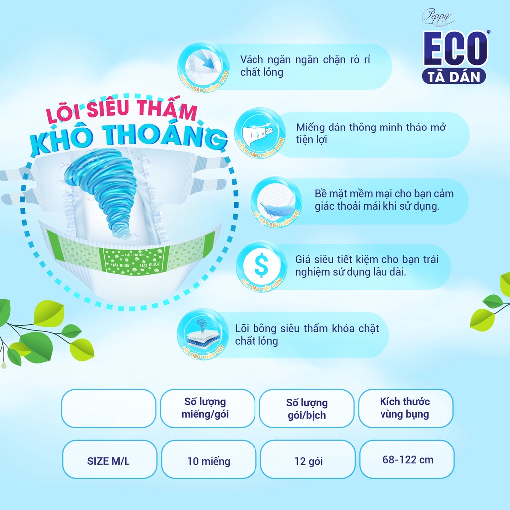 Bộ 3 gói Tã dán người lớn Peppy ECO siêu thấm size ML10 miếng/gói