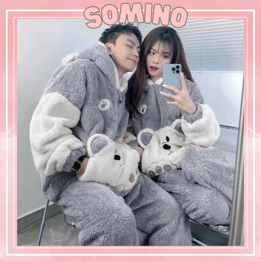 Bộ ngủ lông dài tay mềm mại gấu hoa dễ thương bộ ngủ mùa đông dày dặn ấm áp Somino