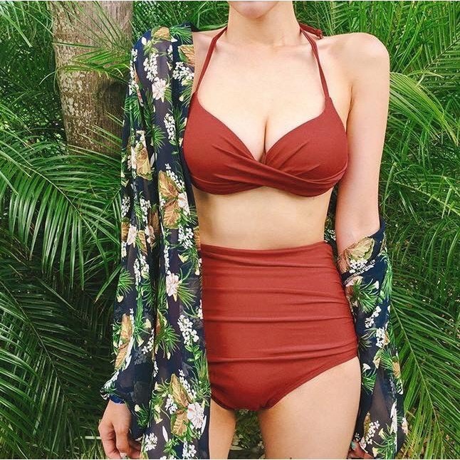 Đồ Bơi Nữ 2 Mảnh Xoắn Ngực Nhiều Màu, Set Bikini Quần Cạp Cao Nhún Che Bụng  - OS025