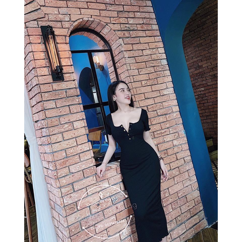 Đầm body nữ váy body cổ vuông tay ngắn phối cúc ngực sexy hàng thiết kế | BigBuy360 - bigbuy360.vn