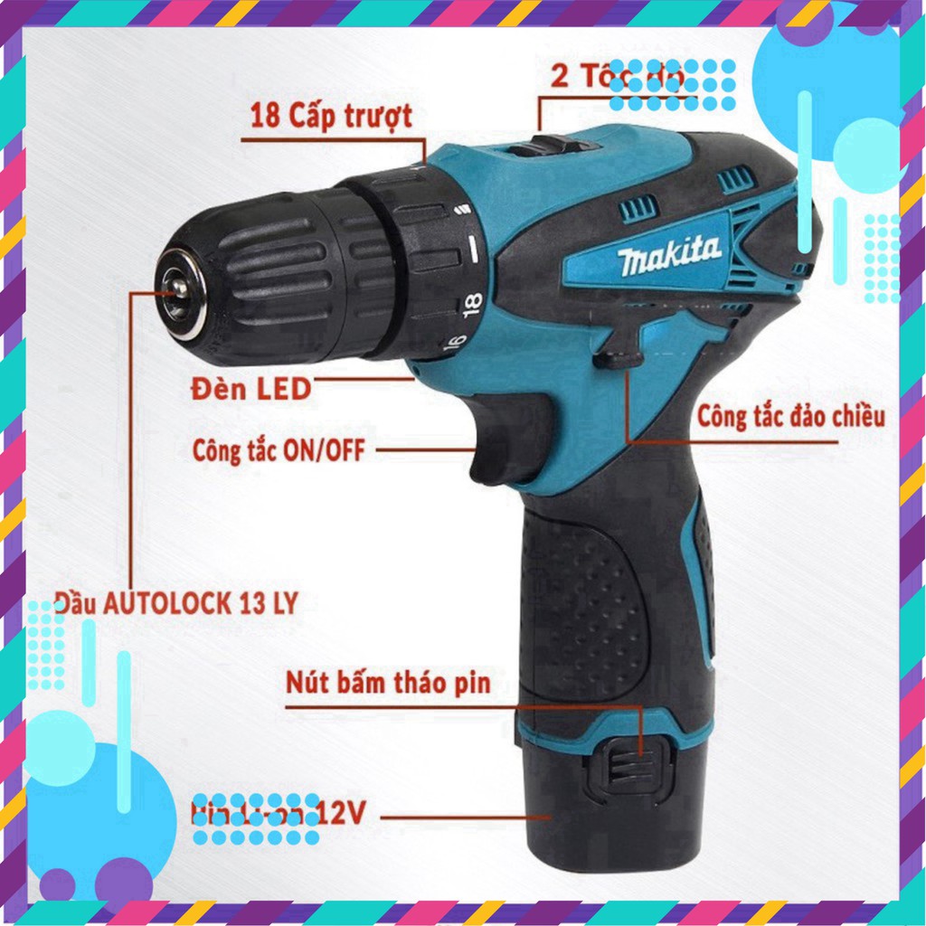 [Chính Hãng] Máy khoan pin makita 12V – KHOAN – BẮT VÍT – VẶN ỐC tặng kèm hộp 24 chi tiết . ]