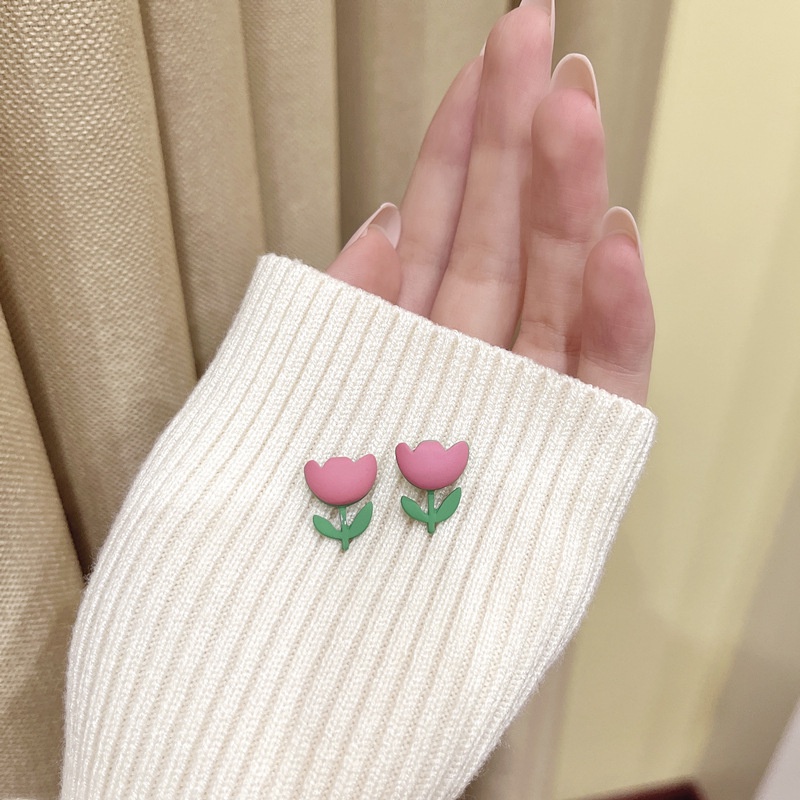 Khuyên Tai Hình Hoa Tulip Hồng Nhám Dễ Thương Chất Lượng Cao Dễ Phối Đồ