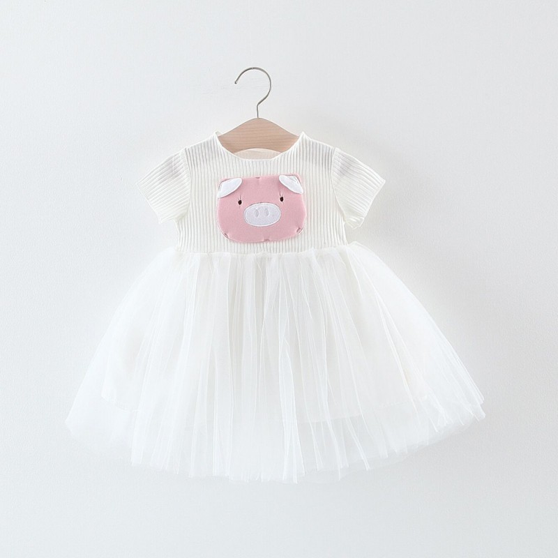 Đầm ngắn tay in hình chú heo dễ thương cho bé gái