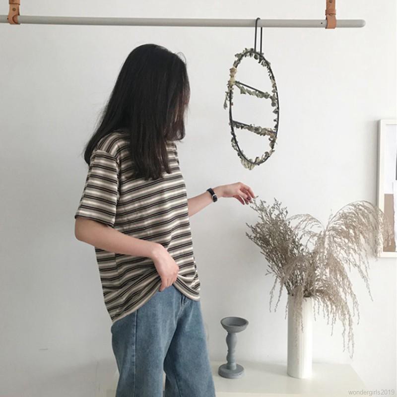 Áo thun cổ tròn kẻ sọc ngang thời trang Hàn Quốc