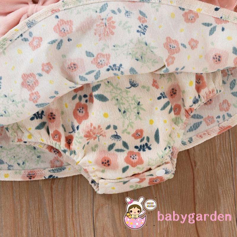 Bộ áo liền quần tay dài in họa tiết hoa + băng đô đính nơ xinh xắn cho bé gái