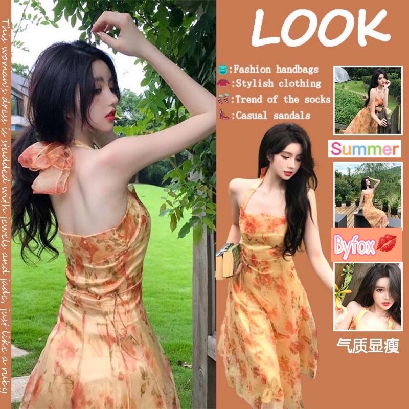 SẴN🎀Đầm 2s cổ yếm voan rực rỡ xoè dài hở lưng hoa nhí đan dây/Váy 2lớp nàng thơ vintage retro kiểu Pháp đi biển