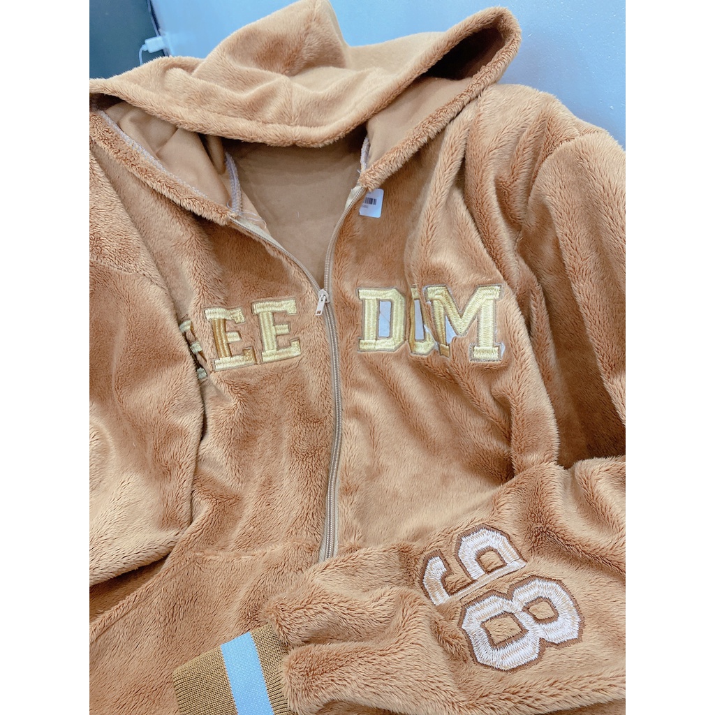 Khoác Lông Mũ Rộng Fre Nam Nữ Chất Lông Cừu Dáng Rộng Giữ Nhiệt Unisex Thêu Chữ Basic