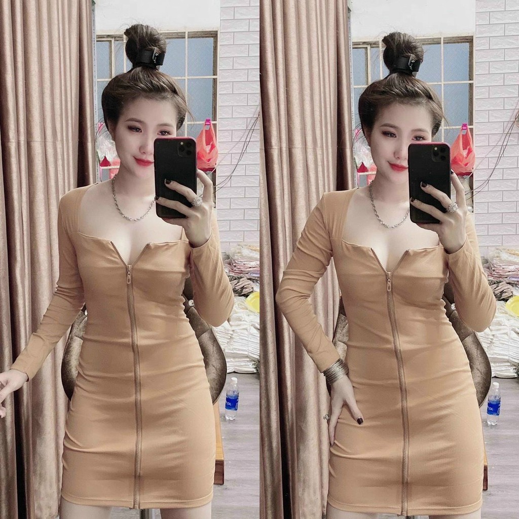 đầm body thun bozip tay dài cổ vuông phối dây kéo dọc thân siêu hot, sexxy