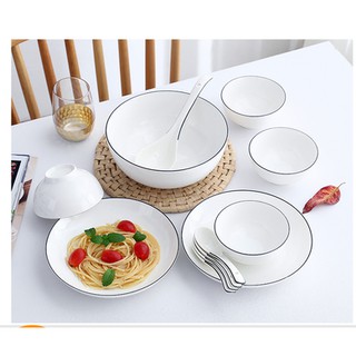 Bộ bát đĩa sứ trắng viền đen 12 món phong cách Bắc Âu cao cấp