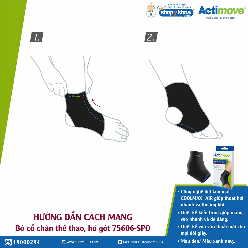 Bó Cổ Chân Thể Thao, Hở Gót Actimove , Màu Đen - Xanh Navy [75606-SPO]. Nhập Khẩu Châu Âu (1 Cái)