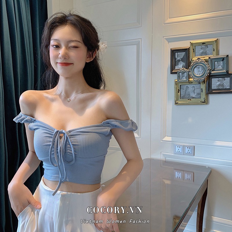 Cocory vn Áo crop top màu trơn trễ vai gợi cảm cho nữ